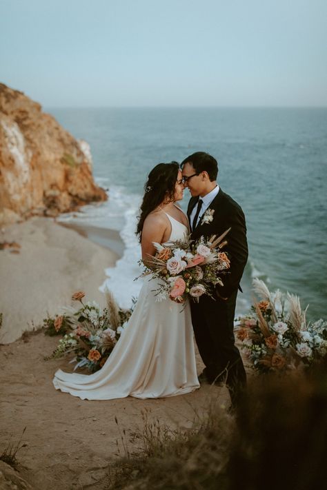 Bride-and-groom-portrait-cliffside-for-elopement-in-Malibu-at-point-dume Ocean Cliff Wedding, Cliff Wedding Photos, Beach Cliff Wedding Ceremony, Beach Cliff Elopement, Sunset Cliffs Elopement, Beach Wedding Photos, Intimate Wedding Ceremony, Beach Elopement, Local Wedding