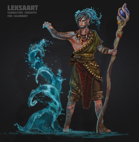 ArtStation - Water druid male, Leksa ART Dnd Ocean Character, Water Mage Art, Water Druid Dnd, Water Elemental Male, Water Mage Character Design, Dnd Druid Male, Water Druid, Water Genasi Druid, Sea Druid