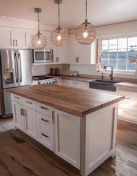 Butcher Block Countertops White Cabinet With Butcher Block Counter, Kitchen Butcher Block Countertops, Kitchen Island With Butcher Block Top, Butcher Block Countertops Kitchen, Kitchen Island Designs, Kitchen Butcher Block, Block Countertops, Butcher Block Island Kitchen, Tiny Kitchen Design