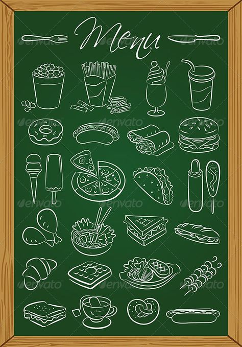 Food Menu Cafe Chalkboard, Chalk Menu, Blackboard Menu, Cafe Menu Design, Blackboard Art, Chalkboard Vector, Kitchen Chalkboard, Green Chalkboard, Chalk Lettering