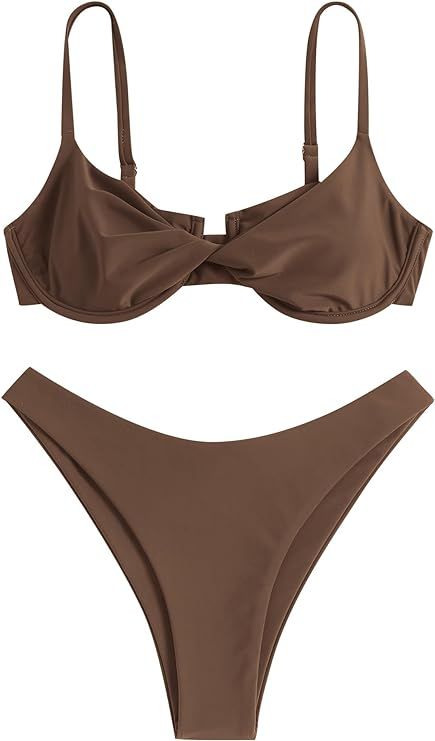 ZAFUL Women's Twist Front Bikini Sets Underwire Tie Back Bikini High Waisted Two Piece Swimsuit Zaful Bikinis, Twist Front Top, Summer Swimwear, Two Piece Swimsuit, Summer Swim Suits, Fashion Toys, Twist Front, Tie Back, Bathing Suits