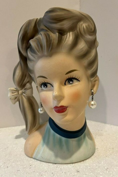 Lady Head Vases Vintage, Vintage Lady Head Vases, Lady Head Vases, Wall Vase Decor, Ceramic Lady Heads, Head Hunter, Head Vases, Face Vase, Side Ponytail