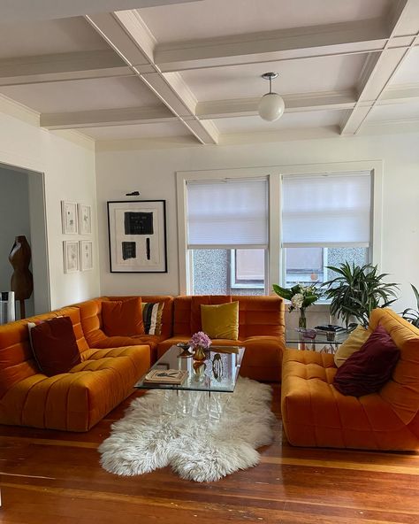 Bright orange Russo2 sectional sofa. The client is so happy with this living room transformation and we can see why. looks amazing!😍 Orange Couch Aesthetic, Orange Sofa Living Room, Orange Couch Living Room, Modern Mediterranean Decor, U Sofa, Orange Couch, Couch Styling, Living Room Transformation, Orange Sofa