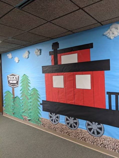 Wild West Train Station, Train Sunday School Decor, Train Classroom Theme, Train Vbs Decorations, Train Bulletin Board Ideas, Rocky Railway Vbs 2020 Decorations, Train Theme Classroom, Vbs Train Theme, Wild West Vbs