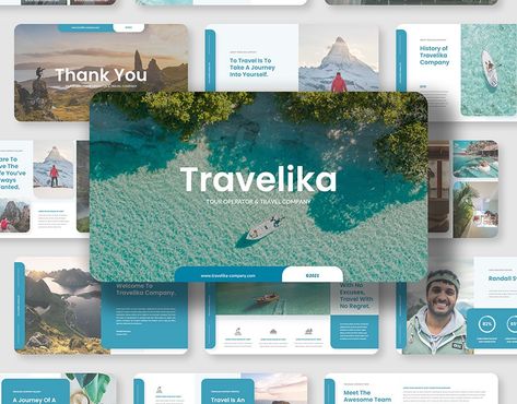 Travelika - Tour and Travel Presentation Template Travel Agency Presentation, Tourism Presentation Design, Travel Powerpoint Template, Travel Presentation Design, Travel Agency Design, Hr Ideas, Travel Presentation, Powerpoint Inspiration, Tourism Design