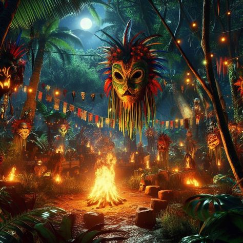 Halloween festival in the lush and exotic world of 'Far Cry 3.' The vibrant, tropical setting is transformed into a haunted wonderland, with creepy decorations adorning the lush foliage. Tribal masks are replaced with eerie costumes, and bonfires flicker amidst the jungle. An artwork that captures the blend of adventure and spookiness in this 'Far Cry 3' Halloween celebration." 🌴🎃🌙🔥🎨 Spooky Jungle Decorations, Jungle Halloween, Jungle Festival, Haunted Wonderland, Halloween Bonfire, Creepy Decorations, Jungle Decorations, Neural Art, Creepy Decor