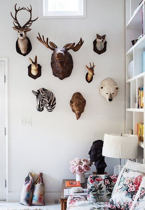 Faux animal heads ~ETS #animslheads Animal Heads On Wall, Animal Head Decor, Faux Animal Head, Animal Head Wall Decor, Animal Head Wall, Cool Kids Bedrooms, Bohemian House, Animal Head, Animal Heads