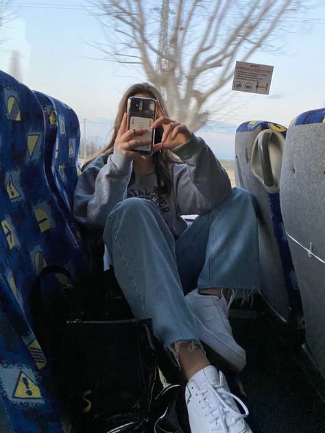 Girl on the bus with a grey sweatshirt, aesthetic girl, aesthetic pic, Air Force 1, aesthetic photo Aesthetic Bus Photos, Bus Aesthetics, Bus Photoshoot, Traveling By Bus, Bus Picture, Travel Bus, Bus Photo, Bus Trip, Bus Girl