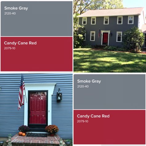 Heritage Red Front Door, Gray Front Door, Grey House White Trim, Grey Front Door, Grey Siding, Red Front Door, Lake Houses, Door Light, Grey Houses