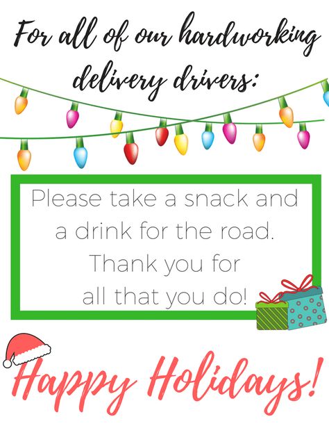 Looking for a way to say thank you to the delivery drivers who drop packages at your house this holiday season? We've got a really cute free printable with some ideas on how to show appreciation for those delivery drivers and others who make life a little easier for you. Note For Delivery Driver Printable, Thank You Delivery Drivers Printable, Snacks For Delivery Drivers Printable, Christmas Delivery Driver Thank You, Delivery Thank You Sign, Sign For Delivery Drivers Printable, Free Printable Delivery Driver Snack Sign, Delivery Driver Snack Basket Sign, Mailman Gifts