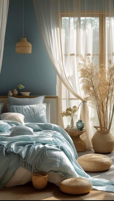 Costal Bedroom, Bohemian Bedrooms, Decor Ideas For Living Room, Home Decor Cozy, Peaceful Vibes, Mediterranean Style Home, Boho Style Bedroom, Cozy Home Decor, Bedroom Décor