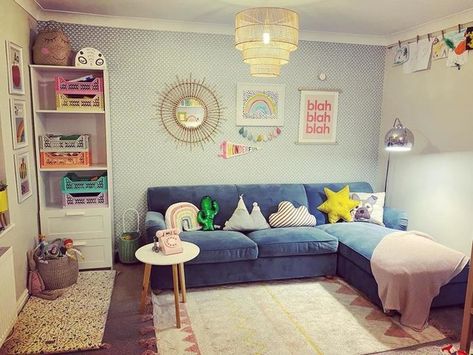 Kids Playroom And Tv Room, Playroom Snug Ideas, Playroom Sofa Ideas, Snug Playroom Ideas, Guest And Playroom Combo, Family Playroom Combo, Living Playroom Combo, Couch In Playroom, Playroom With Sofa