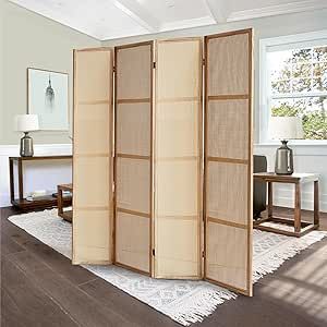 Leesinwing Wood Room Divider, 4 Panels Room Dividers and Folding Privacy Screens, Hand-Woven Rattan Room Divider Wall Freestanding Room Partitions Screen for Home Office Bedroom, Light Brown Rattan Partition, Bedroom Light Brown, Rattan Room Divider, Rattan Room, Room Divider Wall, Room Partitions, Hidden Desk, Wood Room Divider, 4 Panel Room Divider