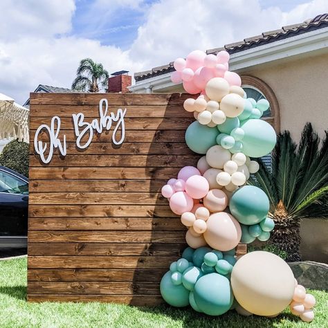 Wooden Arch Balloon Garland, Balloon Arch With Wood Backdrop, Wood Balloon Backdrop, Balloon Arch Wood Backdrop, Wooden Arch Backdrop With Balloons, Wood Backdrop With Balloons, Gender Reveal Wood Backdrop, Oh Baby Backdrop, Baby Shower Balloon Arch