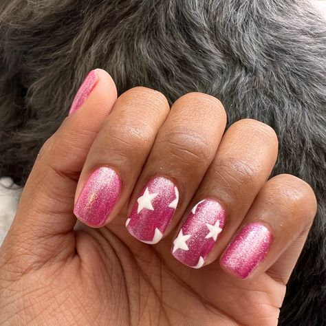 Pink glitter nails white stars Glitter Star Nails, Glitter Nails White, Bubblegum Pink Nails, Pink Glitter Nails, Nails White, Star Nails, White Stars, Glitter Stars, Bubblegum Pink