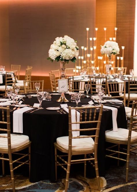 Black Tablecloth Wedding, Black White Gold Wedding Theme, Black Gold Wedding Theme, Black And Gold Wedding Theme, Gold Gowns, Gold Reception, Gold Wedding Reception, Black Wedding Decorations, Black And Gold Wedding