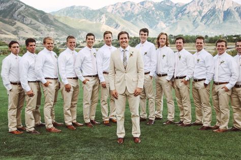 TESSA BARTON Groomsmen White Shirt Khaki Pants, Groomsmen Tan Pants White Shirt, Beach Groomsmen, Groomsmen Attire Beach Wedding, Pink Groomsmen, Beach Wedding Groom Attire, Casual Groomsmen, Luv Bridal, Rustic Groom