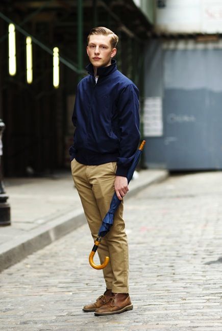 Navy Harrington, Beige Chinos + Brown Leather Desert Boots Clarks Chukka Boots Outfit, Clarks Desert Boot Outfit Men, Clarks Desert Boot Outfit, Preppy Asthetics, Desert Boots Men Outfit, Desert Boot Outfit, Steve Mcqueen Jacket, Desert Boots Outfit, Chukka Boots Outfit