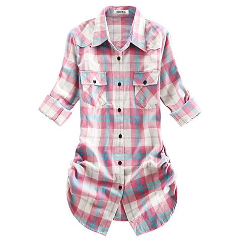 OCHENTA Women's Mid Long Style Roll Up Sleeve Plaid Flannel Shirt C038 Pink Blue Label M - US 0 Total Girl, Tunics With Leggings, Fall Winter Wardrobe, Blue Label, Long Sleeve Flannel, Roll Up Sleeves, Long Style, Plaid Flannel Shirt, Feminine Look