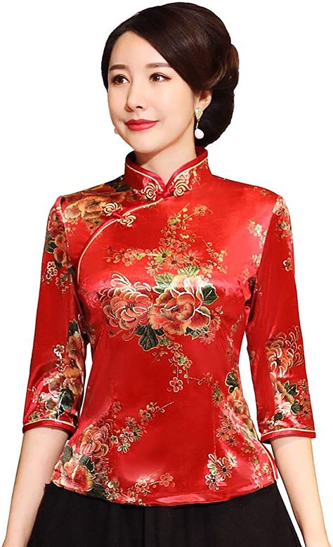 Amazon.com: Shanghai Story Chinese Cheongsam Shirt 3/4 Sleeve Velvet Chinese Blouse for Women A0102 Size M : Clothing, Shoes & Jewelry Cheongsam Shirt, Chinese Blouse, Chinese Button, Chinese Shirt, Cheongsam Top, Chinese Cheongsam, Chinese Traditional Clothing, Feminine Blouses, Printed Long Dresses