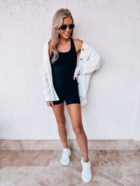 Athletic Romper Outfit Fall, Onesie Romper Outfit, Sporty Romper Outfit, Exercise Romper Outfit, Romper Shorts Outfit Summer, Athletic Dress Outfit With Jacket, Black Tank Romper Outfit, Onesie Shorts Outfit, Spandex Onesie Outfit