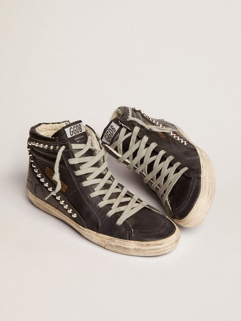 Women’s Slide high-top sneakers with studs | Golden Goose Golden Goose Slides, Golden Family, Black High Top Sneakers, Exclusive Sneakers, Womens Slides, Studded Leather, Leather Slides, Sneaker Collection, Golden Goose