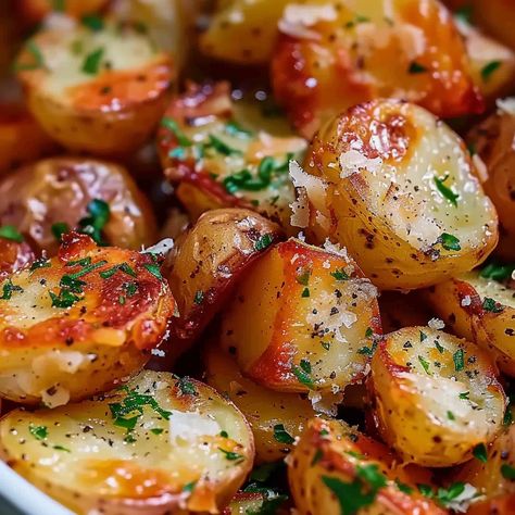 Roasted Garlic Butter Parmesan Potatoes Garden Potatoes Recipes, Parisian Potatoes Recipes, Baby Yellow Potatoes Recipes, Roasted Potato Casserole, Little Potato Recipes, Mini Potato Recipe, Roasted Garlic Butter Parmesan Potatoes, Garlic Butter Parmesan Potatoes, Butter Parmesan Potatoes