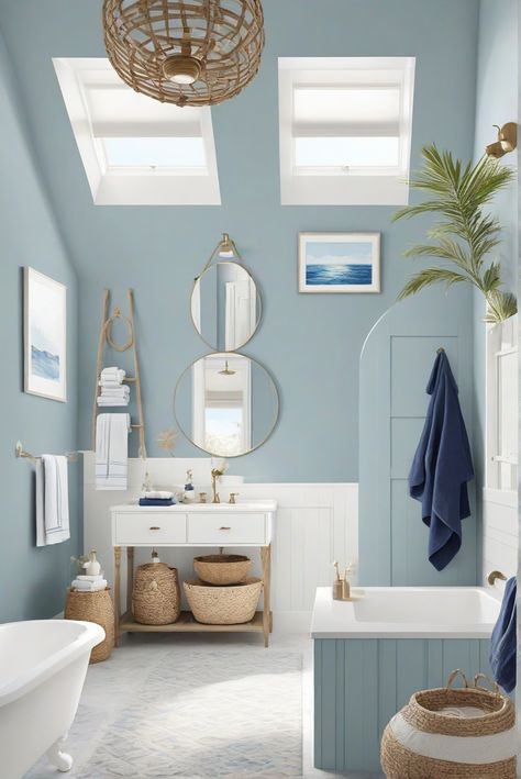 Discover how to create a calming bathroom retreat with Naval (SW 6244) as we explore daily interior designer routines and decor tips for a deep blue serenity. #Ad #homedecor #homedesign #bathroom #Painthome interiorarchitecture best Wall Colors for Bathroom Colors Bright Room Colors best colors combinations bathroom bathroom Remodeling Modern Paint Colors 2024 Blue Grey Bathroom Paint, Blue Paint In Bathroom, Restroom Paint Colors, Blue Washroom, Pastel Blue Bathroom, Blue Walls Bathroom, Blue Bathrooms Ideas, Pale Blue Bathroom, Baby Blue Bathroom