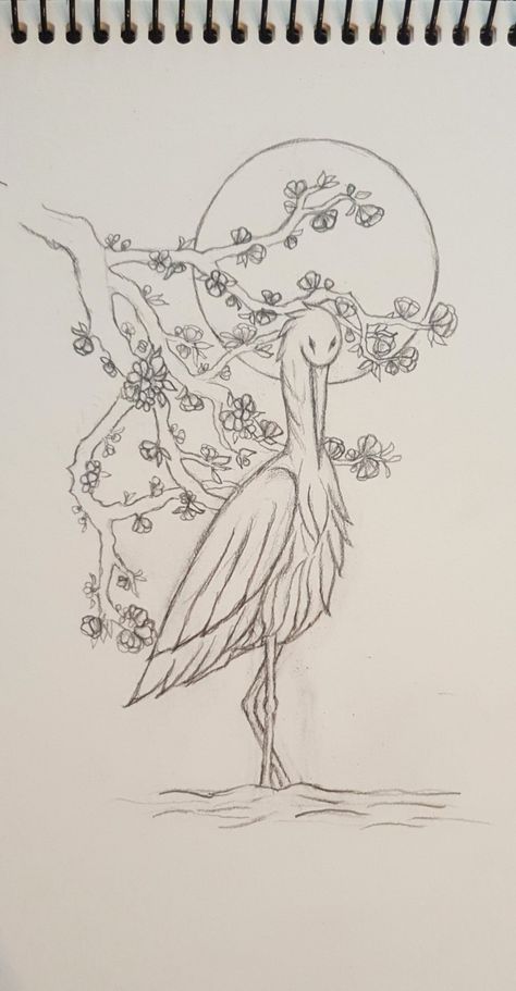 stork, moon, cherry blossom, drawing, tattoo Cherry Blossom Drawing Tattoo, Stork Tattoo Design, Tat Fonts, Stork Drawing, Stork Tattoo, Moon Cherry Blossom, Stork Art, Crane Drawing, Blossom Drawing