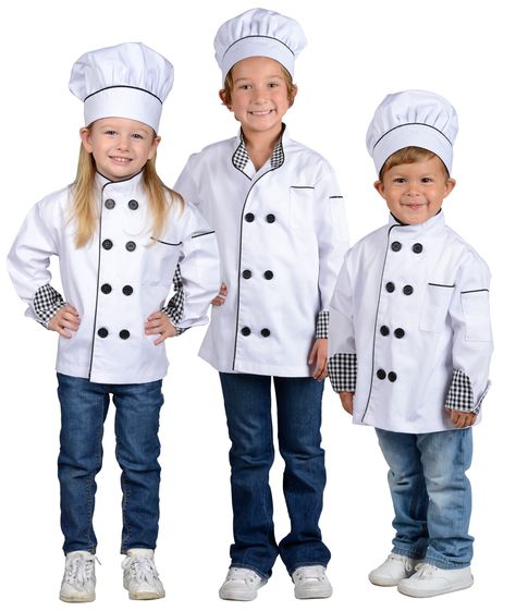 The Jr. Chef jacket with hat is a must have for any aspiring Chef!   High quality, durable design for hours of fun.  Machine washable too!  Includes double breasted jacket with black piping and real working pockets.  It will make a great gift for girls and boys of all ages.  This item has been tested to meet applicable standards for children's products. Princess Gloves, Hat Halloween Costume, Chef Costume, Junior Chef, Firefighter Costume, Chef Jackets, Cowboy Costume, Chef Clothes, Cinderella Costume