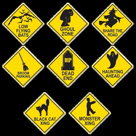 Halloween-themed traffic, highway, road & street signs. Street Sign Art Ideas, Halloween Street Signs, Street Sign Art, Halloween Sleepover, Homemade Halloween Decorations, Halloween Village, Homemade Halloween, Traffic Signs, Halloween Drawings