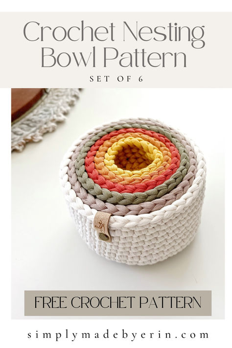 How excited are you to try the next FREE crochet pattern in the crochet basket series?!! We're on basket #7, The Crochet Nesting Bowl Pattern.
The pattern is rated advanced beginner and worked in a continuous round, using only half double and single crochet stitches. The pattern comes in a set of 6 baskets/bowls that nest nicely within each other. Crochet Storage Baskets Free Pattern, Diy Crochet Basket, Bowl Pattern, Pattern Storage, Bobble Stitch Crochet, Crochet Basket Pattern Free, Crochet Storage Baskets, Crochet Bowl, Diy Crochet Patterns