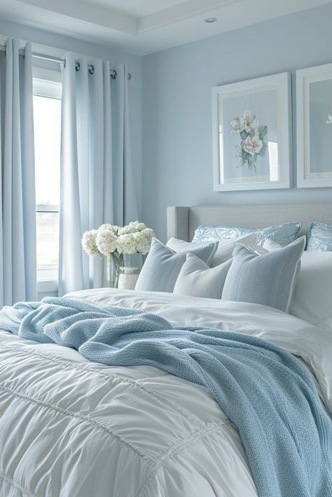 Light Blue White And Silver Bedroom Decor, Light Blue Curtains Bedroom Ideas, Soft Bedroom Colors Wall, Light Blue And White Room Bedroom, Pale Blue Guest Bedroom, Light Blue Room Color Scheme, Light Blue Primary Bedroom, White Light Blue Bedroom, Room Inspo Light Blue