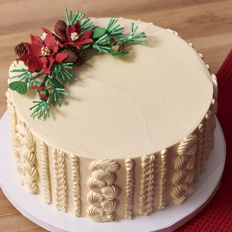 Sometimes the most elegant trend of all is simplicity 🔔🎄 Scale your holiday creations back with monochrome texture - use your favorite piping tips to create the illusion of a wool sweater. Top with the Holly and Poinsettia Gum Paste Sprays for a simple yet stunning centerpiece! Sweater Cake, Christmas Themed Cake, Christmas Cake Designs, Winter Cake, Baking Business, Dairy Queen, Piping Tips, Elegant Christmas, Gum Paste