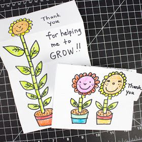 "Thank you for helping me to grow" folding surprise cards | Pink Stripey Socks End Of The Year Teacher Cards From Kids, Last Day Of School Teacher Card, Thank You Craft For Teacher, End Of Year Cards For Teachers, Last Day Of School Cards For Teachers, Thank You Crafts For Kids, Drawing For Teacher, Tots Activities, Folding Surprise