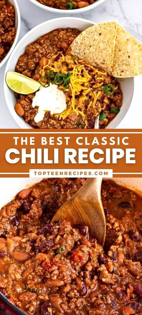 This easy chili recipe is a favorite at our house. We love to eat it on game nights, cold winter nights, weekends, you name it. This basic chili recipe can be changed to suit your taste. I got my inspiration from The Pioneer Woman chili recipe and adapted it to my family’s preferences and you can too! Basic Chili Recipe, The Best Classic Chili, Chili Recipe Pioneer Woman, Basic Chili, Classic Chili Recipe, Homemade Chili Recipe, Classic Chili, Best Chili Recipe, Chili Recipe Crockpot