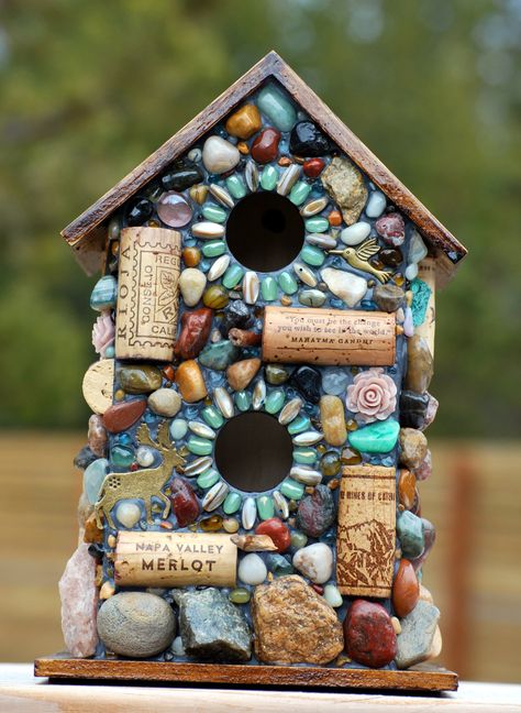 Outdoor Birdhouse and Mosaic Garden Art with colorful stones Mosaic Garden Art, Birdhouse Designs, Wine Cork Crafts, Diy Outdoor Decor, Mosaic Decor, Wine Corks, Mosaic Garden, Mosaic Projects, Mosaic Diy