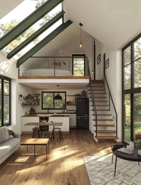 Loft Apartment Ideas, Tiny Modular Homes, Modern Tiny Home, Garage To Living Space, Loft Apartments, Tiny Loft, Loft House Design, Tiny House Luxury, Tiny House Loft