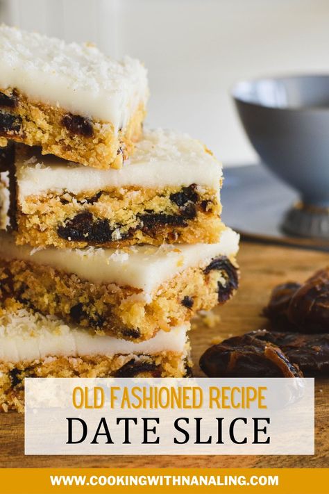 Chewy dates combined with buttery biscuit and sweet lemon icing – you really can't go wrong! Date Slice, Sweet Slices, Oat Slice, Slice Recipes, Mint Slice, Bake Ideas, Easy Slice, Slab Cake, Sticky Date Pudding