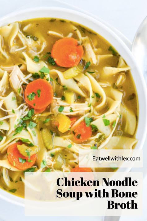 Looking for a heart-warming soup recipe that's good for you? Check out our Homemade Chicken Noodle Soup with Bone Broth! This anti-inflammation powerhouse combines chicken, veggies, and the magic of bone broth for the ultimate health boost. Soup With Bone Broth, Bone Broth Soup Recipes, Healthy Chicken Soup, Homemade Broth, Bone Broth Soup, Homemade Egg Noodles, Homemade Chicken Noodle, Bone Broth Recipe, Soup Broth