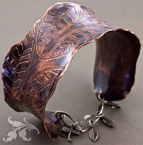 Love My Art Jewelry: Tutorial by Carol Dekle-Foss: Copper Jewelry Tutorial, Cuff Tutorial, Fold Forming, Etched Jewelry, Rolling Mill, Copper Jewellery, Metalwork Jewelry, Metal Etching, Leaf Bracelet