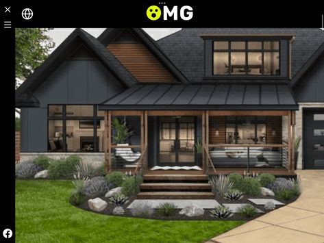 All Black Exterior House With Wood, Mixed House Siding, Black White And Brown Home Exterior, Black Exterior Wood Accents, Black House Porch, Black And Wood Farmhouse Exterior, Dark Siding Wood Accents, Borden Batten Exterior, Wood And Siding Exterior