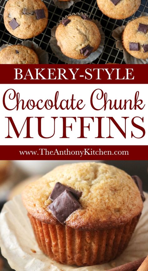 The best, bakery-style chocolate chunk muffins! Featuring a moist and fluffy muffin loaded with chocolate chips and a hint of cinnamon. Perfect for make-ahead breakfasts and mornings on the go! #backtoschool #breakfast #muffins #makeaheadbreakfast #freezerfriendlybreakfast #breakfastonthego #theanthonykitchen #chocolatechunkmuffin Chocolate Chunk Muffins, Muffin Breakfast, On The Go Breakfast, Breakfast Muffin, Homemade Muffins, Best Bakery, Fall Recipe, Chocolate Chunk, Cinnamon Bread