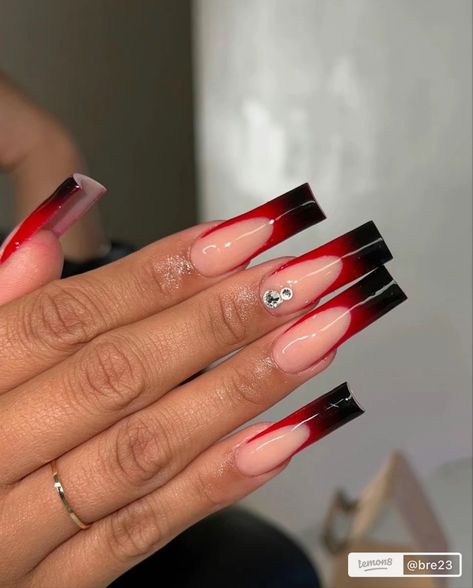 Red And Black Nails French Tips, Black N Red Nails, Red N Black Nails, Revenge Nails, Red And Black Prom Nails, Black And Red French Tip Nails, Red And Black Acrylic Nails, Atl Nails, Red And Black Nails