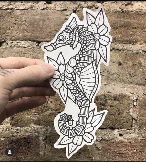 Seahorse Outline Tattoo, Traditional Tattoo Pieces, Traditional Seahorse Tattoo, Neo Traditional Tattoo Flash, Traditional Tattoo Outline, Sam King, Tropical Tattoo, Seahorse Tattoo, Traditional Tattoo Sleeve