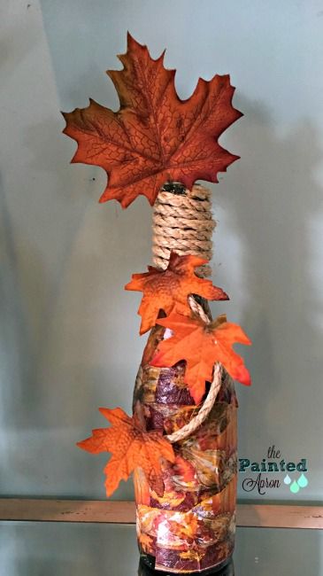 Home Decor, Thanksgiving Vignettes | The Painted Apron Fall Painted Wine Bottles, Pumpkin Queso, Wine Diy Crafts, Medicine Bottle Crafts, Fall Wine Bottles, Decoupage Bottles, Fall Pumpkin Sign, Bottle Projects, Wine Bottle Crafts Christmas