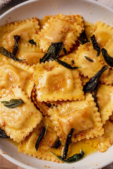 Sage Ravioli Recipe, Homemade Pumpkin Ravioli With Sage Brown Butter, Ravioli Sage Butter Sauce, Fall Cozy Food, Sage Butternut Squash Ravioli, Butternut Squash Ravioli With Brown Butter Sauce, Sage Butternut Squash, Butter Ut Squash Ravioli, Brown Butter Sage Butternut Squash Ravioli