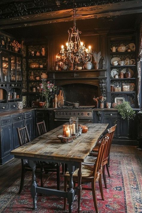 Witchy Dining Room Decor, Gothic Cottage Interiors, Witchy Dining Room, Gothic Kitchens, Rustic Victorian Decor, Gothic Kitchen Ideas, Academia Kitchen, Dark Color Schemes, Dark Academia Kitchen