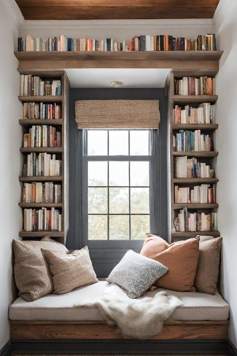 Discover ultimate tranquility in this plush window seat reading nook, perfectly designed for warm cups of tea, cozy blankets, captivating books, and serene rainy days. Corner Reading Nook, Reading Nook Window, Cozy Window, Cozy Home Library, Reading Nook Ideas, Cozy Window Seat, Window Nook, Nook Ideas, Interior Design Per La Casa