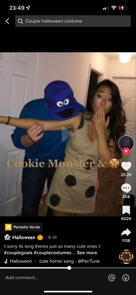 Cookie Monster And Cookie Costume, Cookie Monster Couple Costume, Monster Couple Costume, Halloween Costumes Cookie Monster, Monster Couple, Cute Couple Halloween, Cookie Costume, Couple Costume, Couples Halloween Outfits